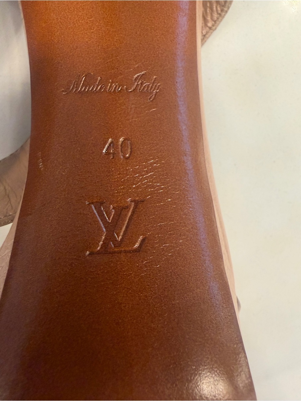 Louis Vuitton Nude Tan Leather Platform Sandal Heels with Gold V Logo - Picture 7 of 7